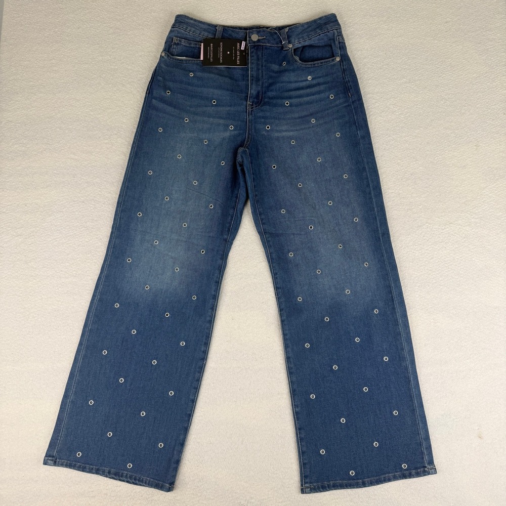 Avec Les Filles Womens High Rise Wide Leg Eyelet Grommet Jeans Blue Size 10 NWT